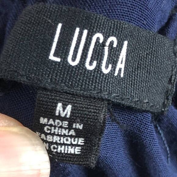 Lucca Couture Blue White Polka Dot Adjustable Crop Wide Leg Ruffle Top Jumpsuit - Picture 2 of 9